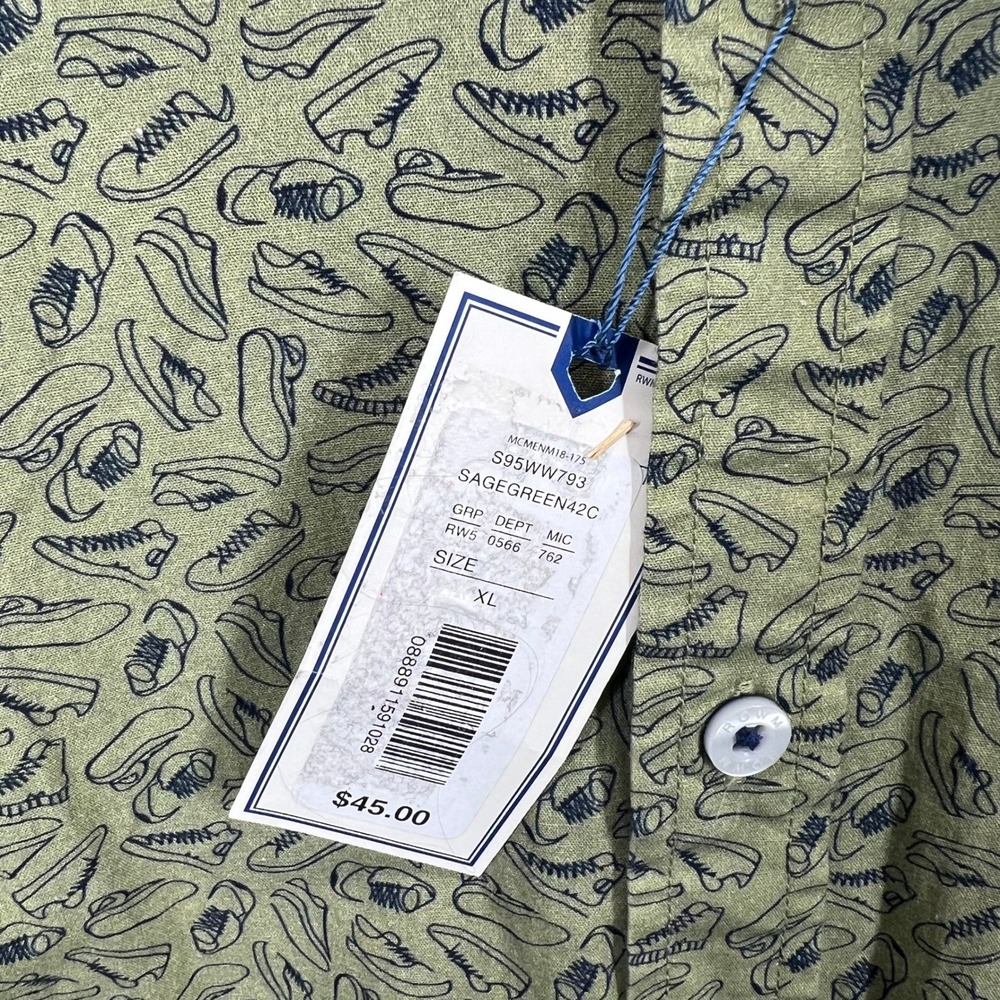 ROWM Button Up Shirt Mens XL Sage Green Sneaker Print Short Sleeve Cotton NWT - Picture 3 of 10